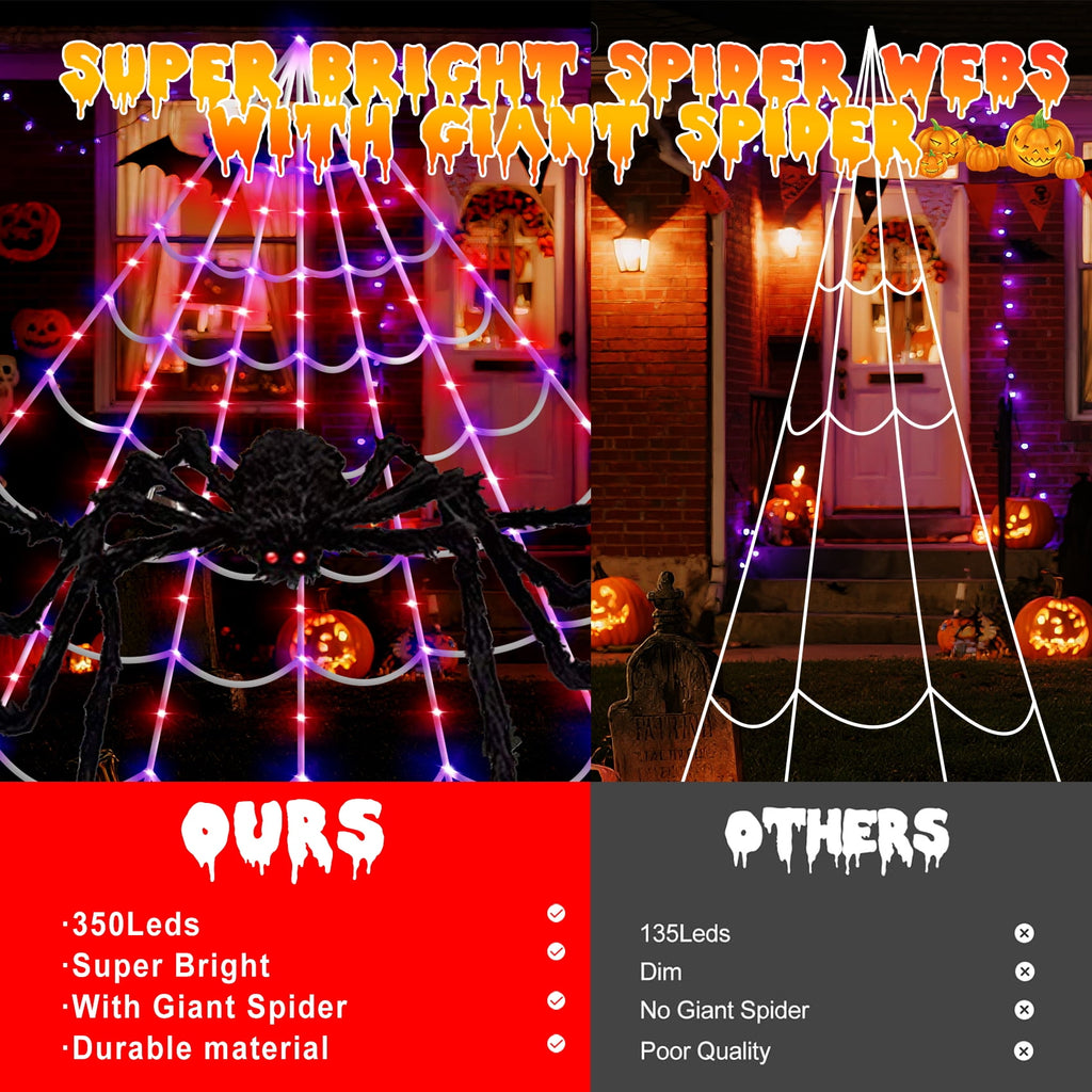 Scidweet Halloween Decorations Outdoor, 350 LED Halloween Spider Web Lights with 79" Large Spider for Garden Yard Home Decor, Multicolor