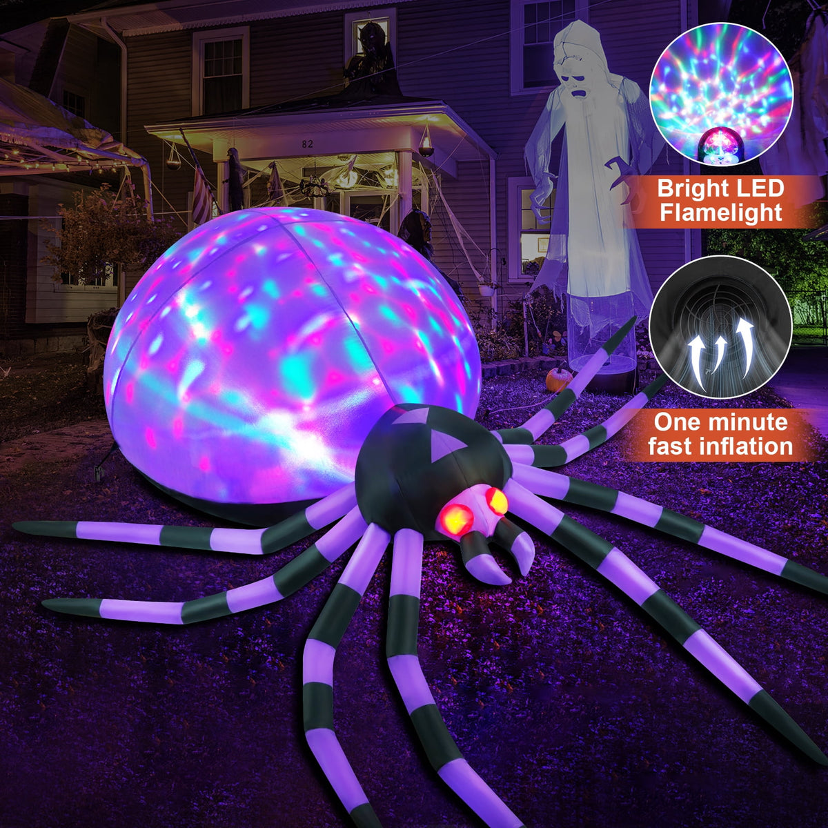 Yexmas 8FT Halloween Inflatables Outdoor Decorations Giant Spider Decorations with LED Lights and Air Pump Blow up Inflatable Green