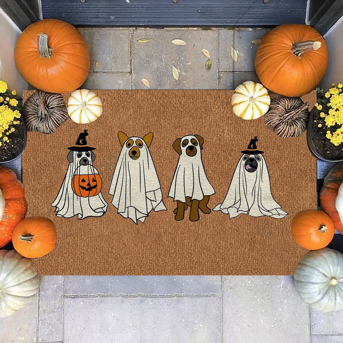 Olilia Halloween Ghost Dog Rug Dog Doormat, Gift for Dog Lovers, Housewarming Gift, Printed Polyester Doormat for Indoor and Outdoor Entryway Floors, Size 15.7x23.6 Inch.