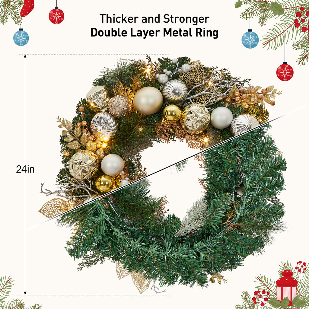 JoanKaren 24 inch Large Christmas Wreath Silver White with 20 LED Lights,Prelit Xmas Wreath w/ Ball Ornaments Pine Cone