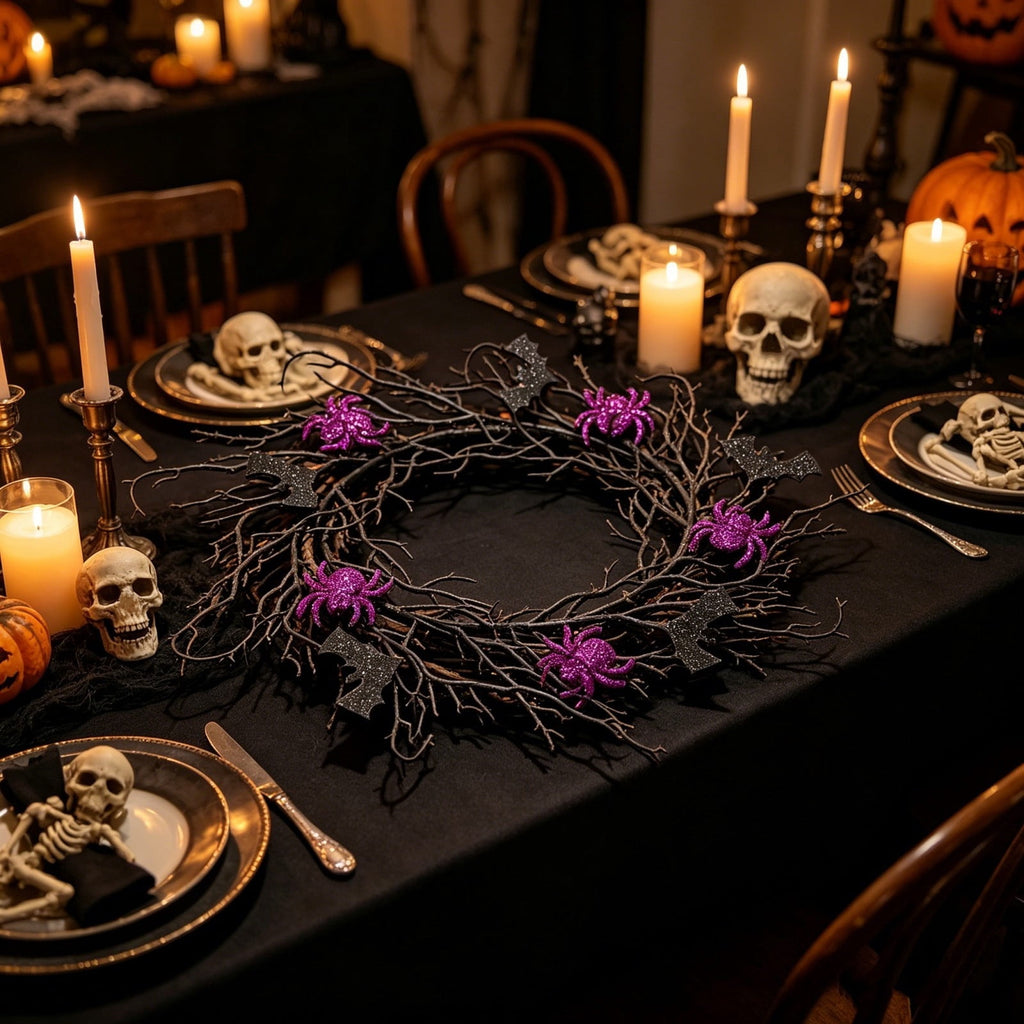 17" Halloween Wreaths for Front Door,Black Bats and Purple Spider Wreath,Spooky Gothic Outdoor Halloween Decoration For Halloween Party,Outdoor/Indoor Porch,Home Holiday Decor