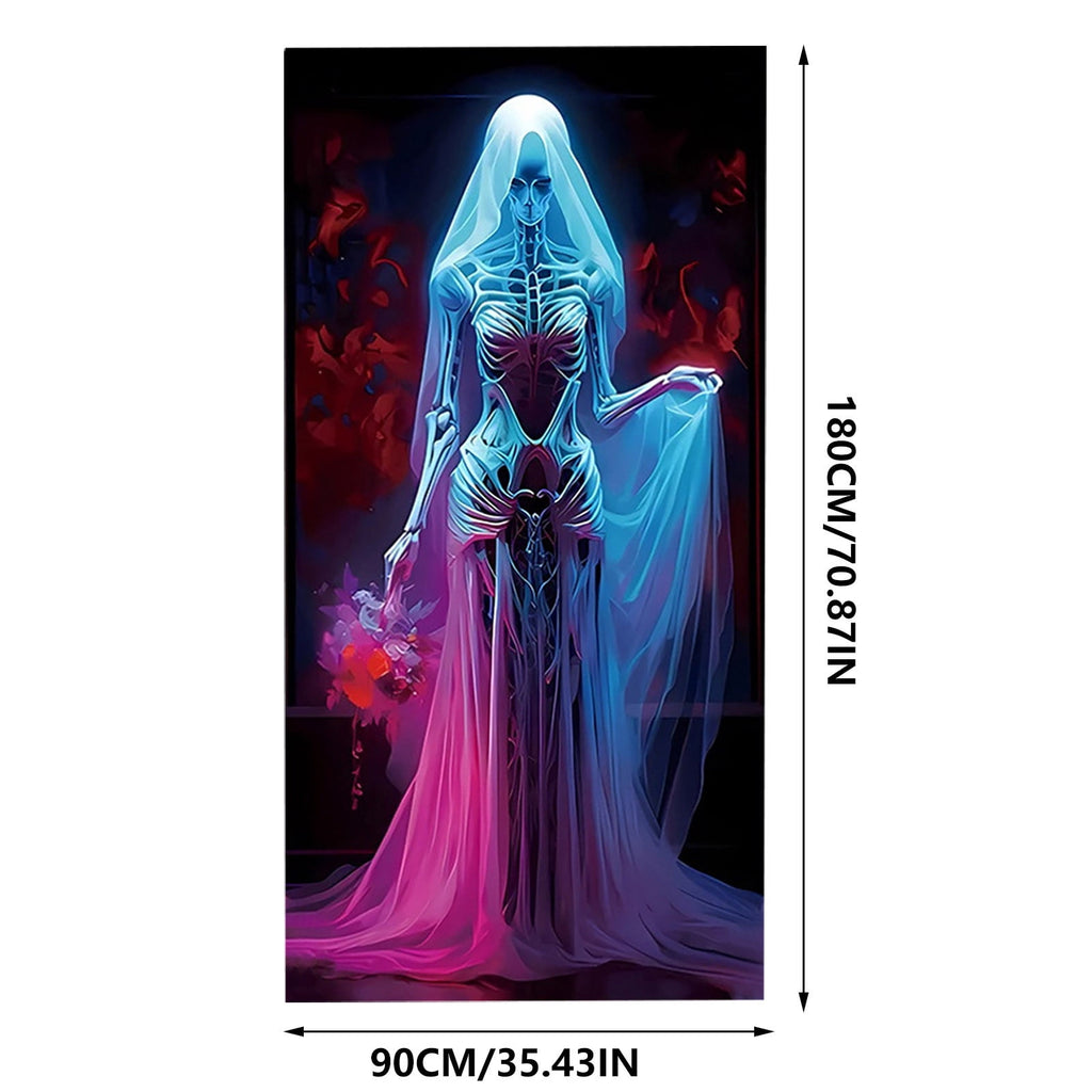 Taicans Spooky Skeleton Bride Halloween Door Cover Decor,Scary Halloween Front Door Banner Covering Decorations,Horror maze Decor,Halloween Decorations for Front Door,Haunted Mansion Decor,71x35in