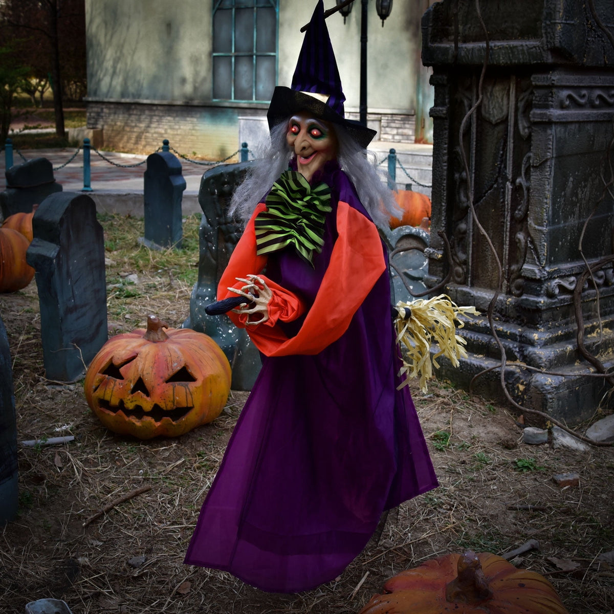 Halloween Witch Decoration, 49-Inch Hanging or Standing Prop with Broom and Wand for Porch and Yard Decor