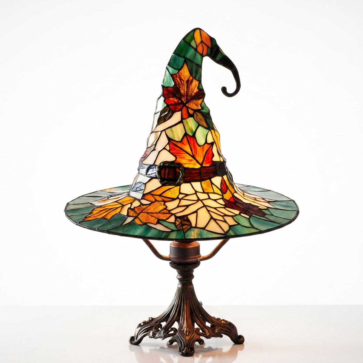 Stained Glass Witch hat lamp, 7" Halloween Gothic Mystic Room Decor Handcrafted Ceramic Phantom Figurine, USB Rechargeable LED Glowing Lantern for Bedroom Living Room Mantel Home Decor