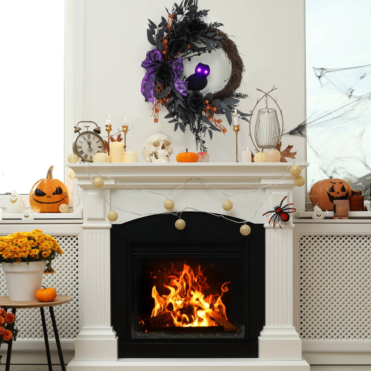 HELLONE Halloween Wreath with Lights, 20 Inch Front Door Halloween Wreath Decorations with Owl, Black Leaves, Roses, Bows for Halloween Home Porch Decor Indoor Outdoor
