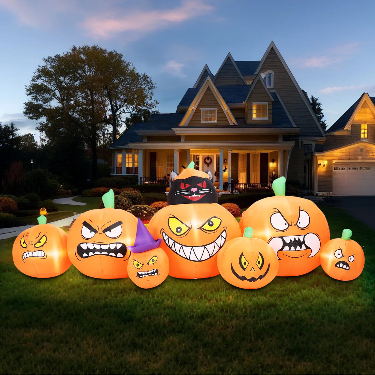 Halloween Inflatables Outdoor, 8FT Long Cute & Lighted Blow Up Decoration Pumpkin Family with Witch Hat, Large Halloween Inflatables Decorations with Lights for Yard, Holiday, Home