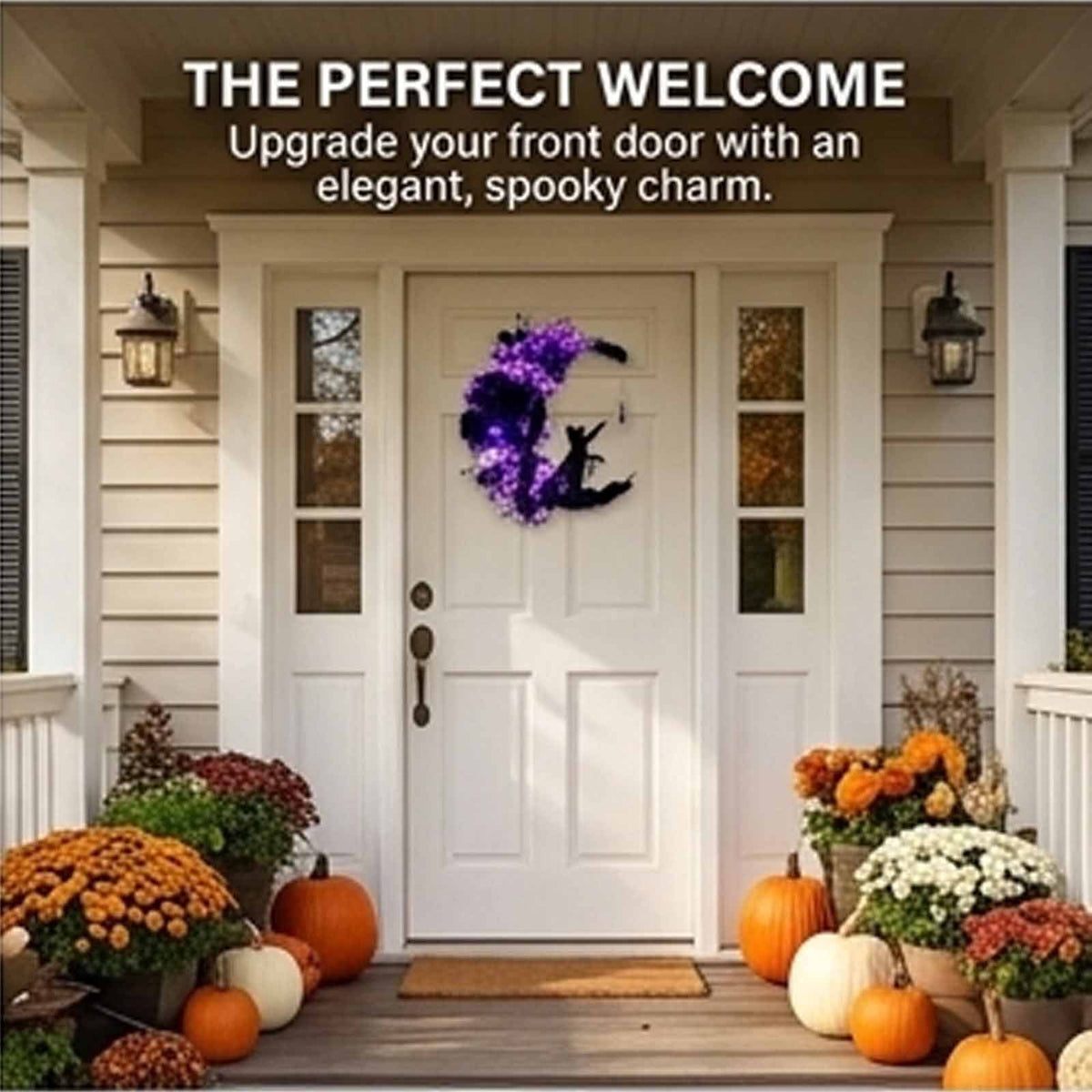 Magical Halloween Moon Cat Wreath Light up Door Crescent Floral Spooky Ruffled Fabric Porch Entryway Home Decor Wreaths Gothic Black Rose Elegant Hanging Decorations for Front Door