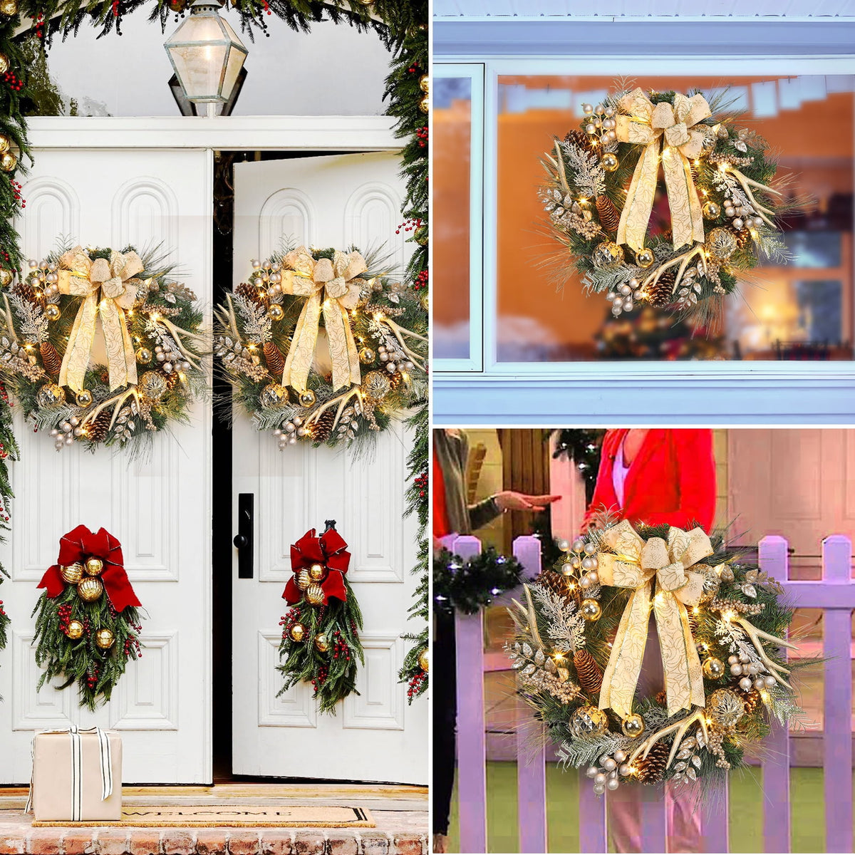 JoanKaren 24 inch Large Christmas Wreath Silver White with 20 LED Lights,Prelit Xmas Wreath w/ Ball Ornaments Pine Cone