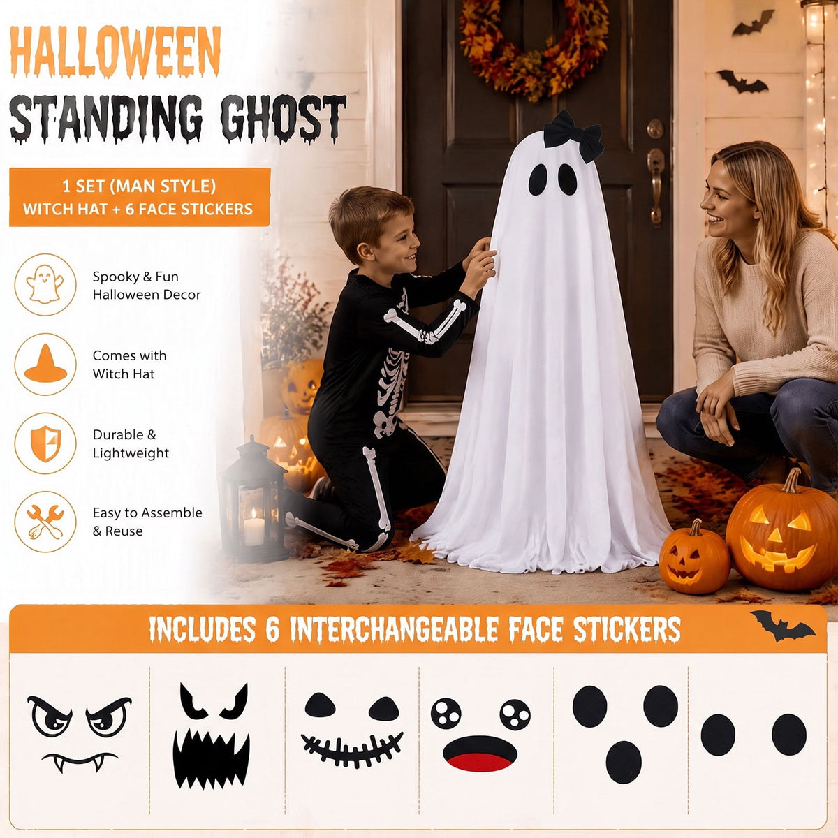 Tumao Halloween Decorations Outdoor, Light Up Spooky Ghosts Decoration, Cute Halloween Decorations Indoor, DIY Ghost Kit Decor with Emoji Stickers Witch Hat for Party, Yards, Porch, Gardens