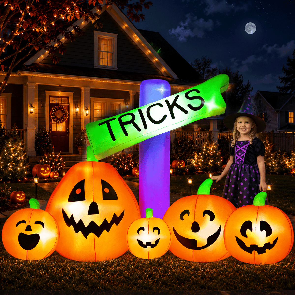 Yexmas 8ft Halloween Inflatable Pumpkins Outdoor Decor with Black Cat and Spectre,Built-in LED Lights,for Halloween Party,Yard,Garden,Lawn