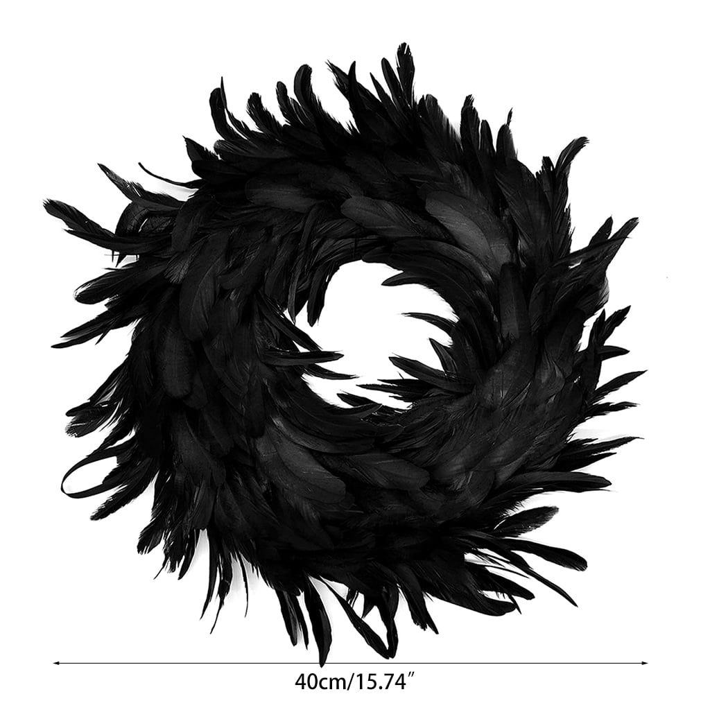 Milue 15.7in Natural Feathers Wreath Front Door Black Feather Wreath Spooky Scene Party Favors for Porch Halloween Decoration