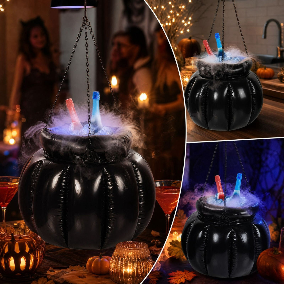 JHRGJIO Inflatable Witch Cauldron Cooler Stand Base, Hanging Pumpkin Ice Bucket with Mist Maker Fog Effect, Halloween Party Drink Chiller for Backyard Patio Outdoor Use