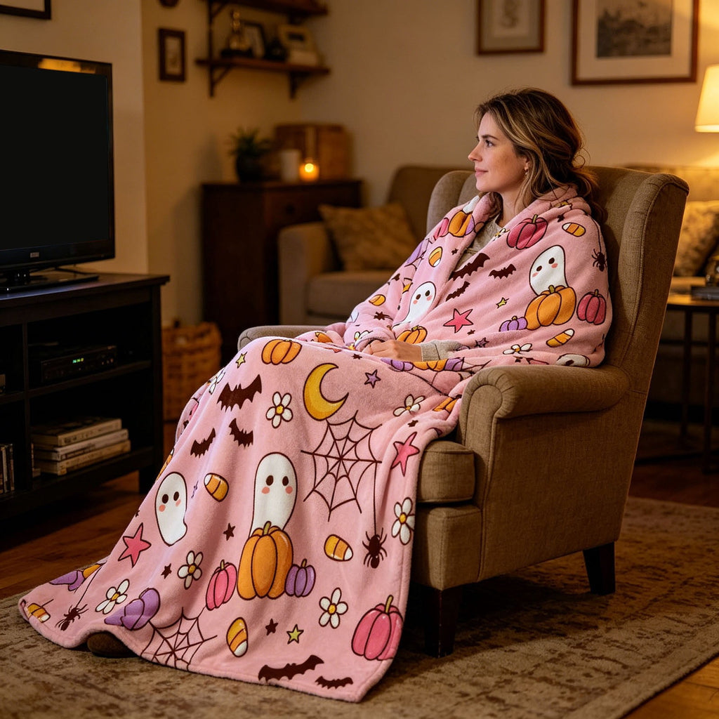 Halloween blanket,Halloween Print Throw Blanket Flannel Soft Cozy Decorative Nap Blanket with Ghost Pumpkin Skull for Office Bedroom Sofa Camping Travel(100x150cm/39x59 Inch),Black