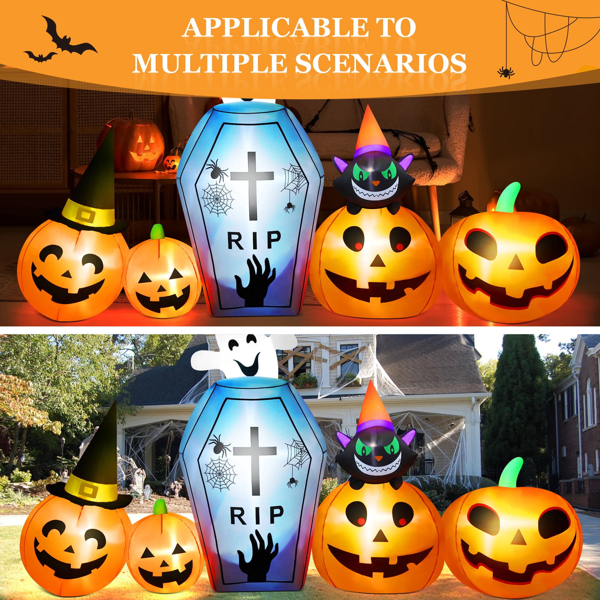 Yexmas 10ft Halloween Inflatable Pumpkins Outdoor Decor with Black Cat Tombstone and Spectre,Built-in LED Lights,for Halloween Party,Yard,Garden,Lawn