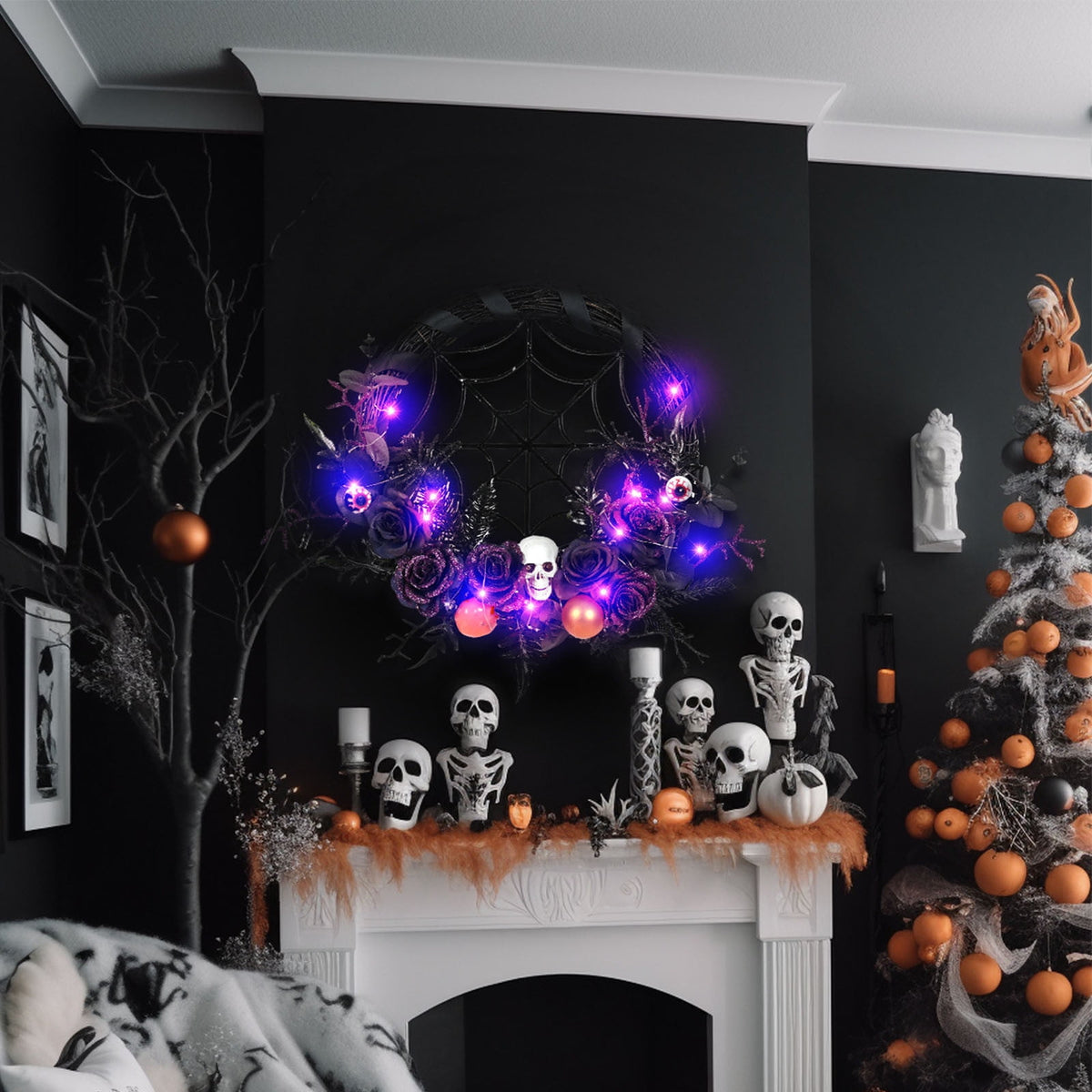 CASAFUN Halloween Wreath for Front Door 15 Inch Black Spider Web and Horror Skull Fake Flowers Ornamnets Scary Halloween Decor Spooky Home Party Fireplacce Window Wall Hanging Decor