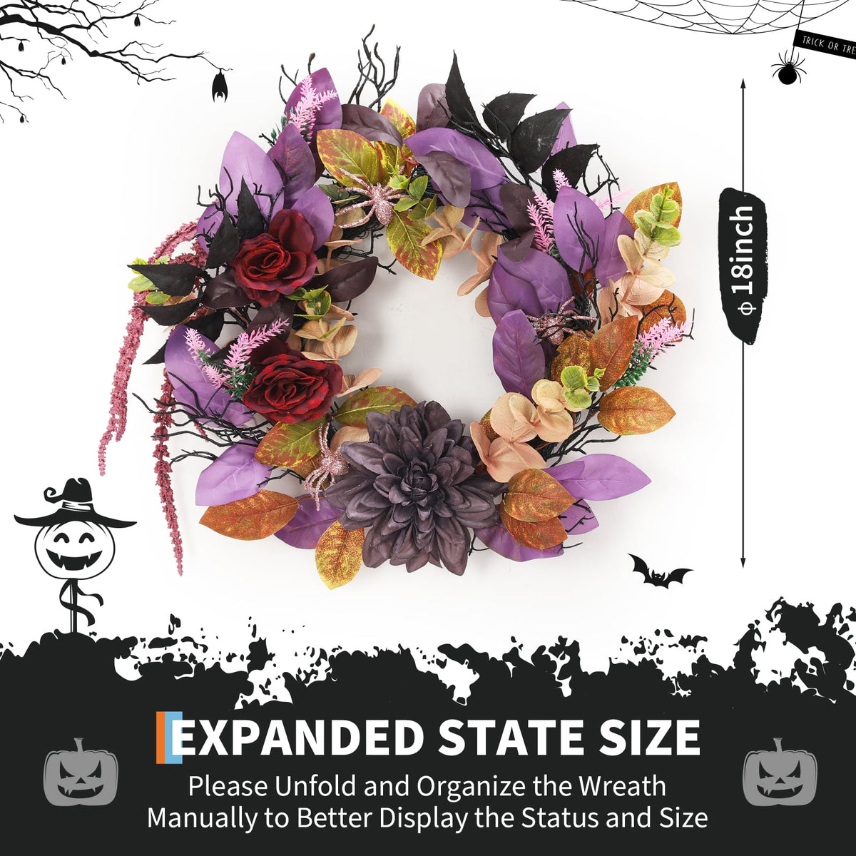 Garvee Halloween Wreath for Front Door, 18 Inch/20 Inch Fall Wreath for Indoor Outdoor Wall Window Porch Patio Garden Farmhouse Home Party Prom Decoration