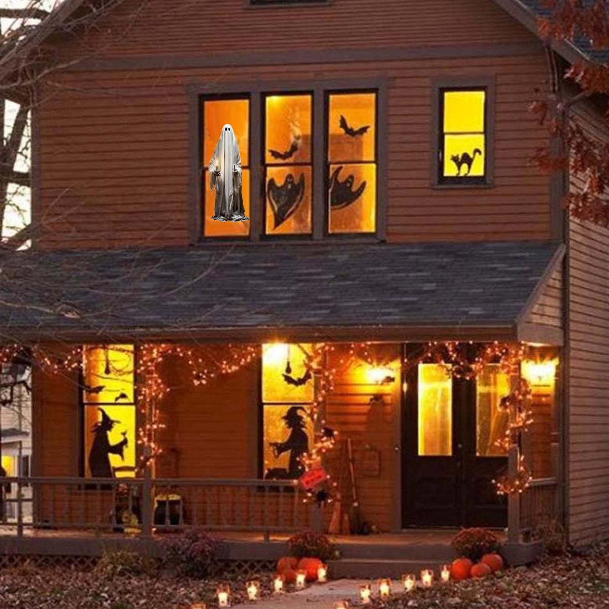 Halloween Wall Stickers, Large Ghost Holding Candle Wall Decals, Wall Clings Decor for Halloween Party Home Office Wall Glass Mirror Decorations, 18.89x44.68"