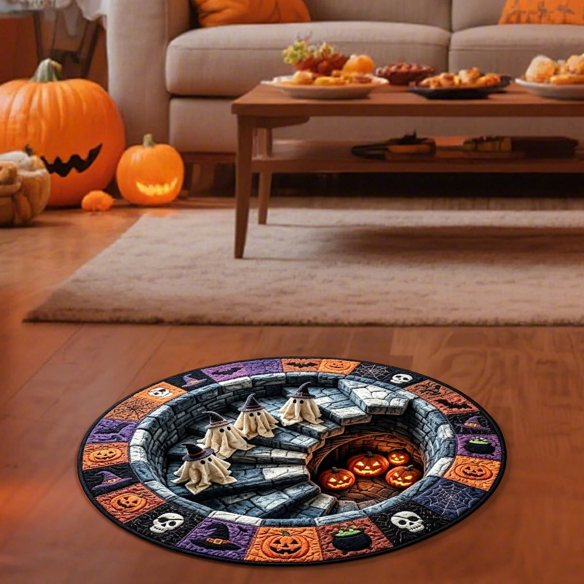 Sulaicai 3D Optical Illusion Halloween Round Rug, Spooky Ghost Pumpkin Print Absorbent Doormat, Non Slip Washable Floor Mat for Indoor Entryway Living Room Halloween Home Decor, 15.7 Inch