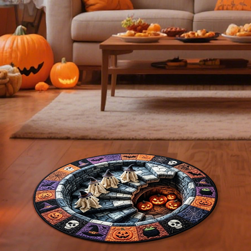 3D Illusion Halloween Round Rug 15.7 Inch, Ghost Pumpkin Spiral Staircase Print Decorative Floor Mat for Entryway Living Room Bedroom Indoor Holiday Home Decoration