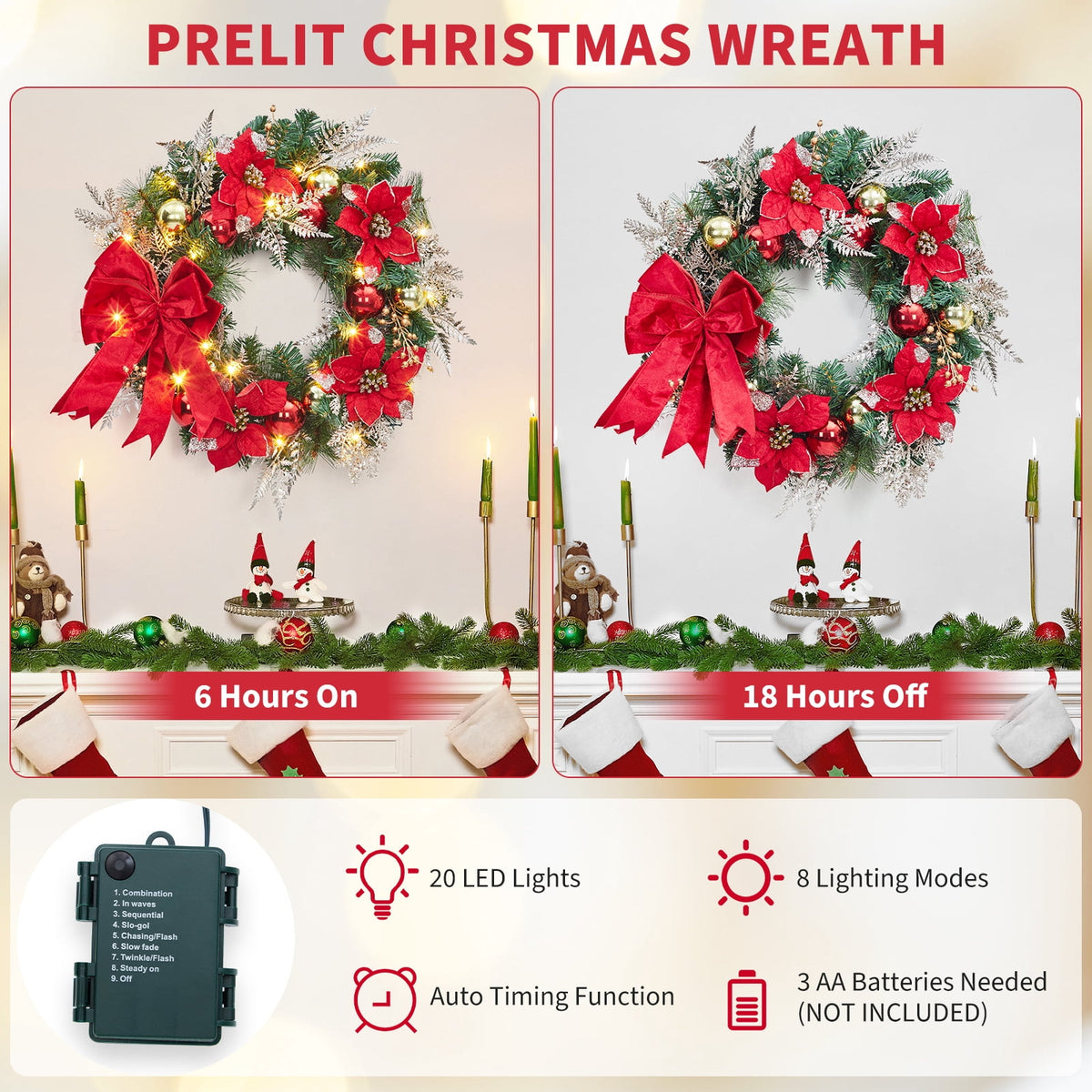 JoanKaren 24 inch Large Christmas Wreath Silver White with 20 LED Lights,Prelit Xmas Wreath w/ Ball Ornaments Pine Cone