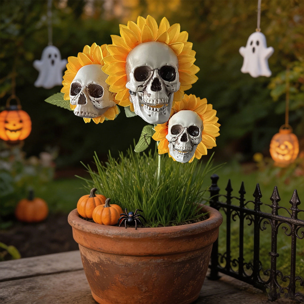 Halloween Artificial Rose Flower with Skull Head, Fake Silk Rose Bouquet, Red or Black Roses with Mini Skull