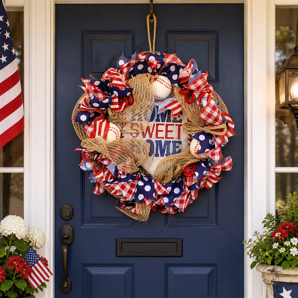 AZXY 20 Inch 4th of July Patriotic Wreath, Red White Blue Mesh Wreath with American Flag Star & Stripe Ribbons, Patriotic Americana Decor for Independence Day Memorial Day Front Door Indoor Outdoor