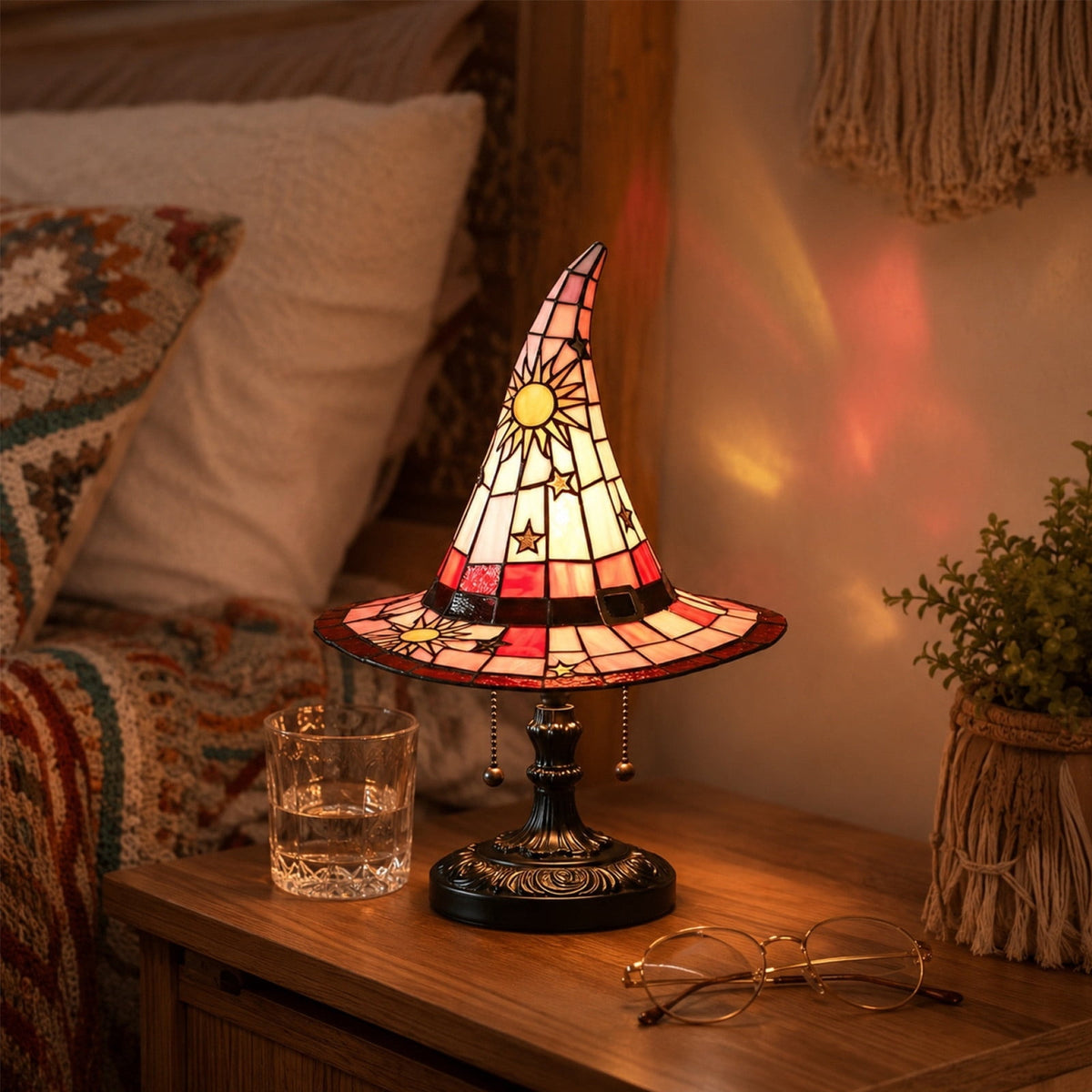 Stained Glass Witch hat lamp, 7" Halloween Gothic Mystic Room Decor Handcrafted Ceramic Phantom Figurine, USB Rechargeable LED Glowing Lantern for Bedroom Living Room Mantel Home Decor