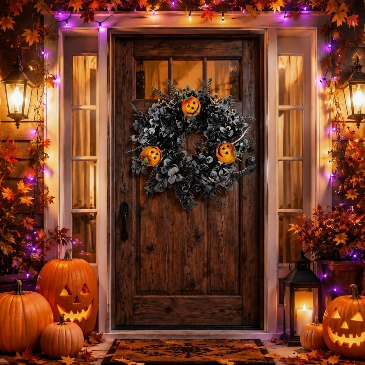 12 Inch Black Eucalyptus Halloween Wreath, Artificial Floral Door Wreath with Pumpkin Cutouts for Front Porch Indoor Door Halloween Party Gothic Home Decor