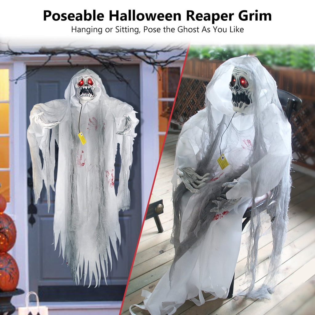 Gamexcel 5.7 ft Halloween Hanging Grim Reaper, Black Skeleton Ghost with Sensor-Activated LED Eyes and Sound, Indoor and Covered Outdoor Decor