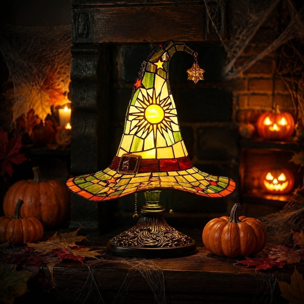 Stained Glass Witch hat lamp, 7" Halloween Gothic Mystic Room Decor Handcrafted Ceramic Phantom Figurine, USB Rechargeable LED Glowing Lantern for Bedroom Living Room Mantel Home Decor