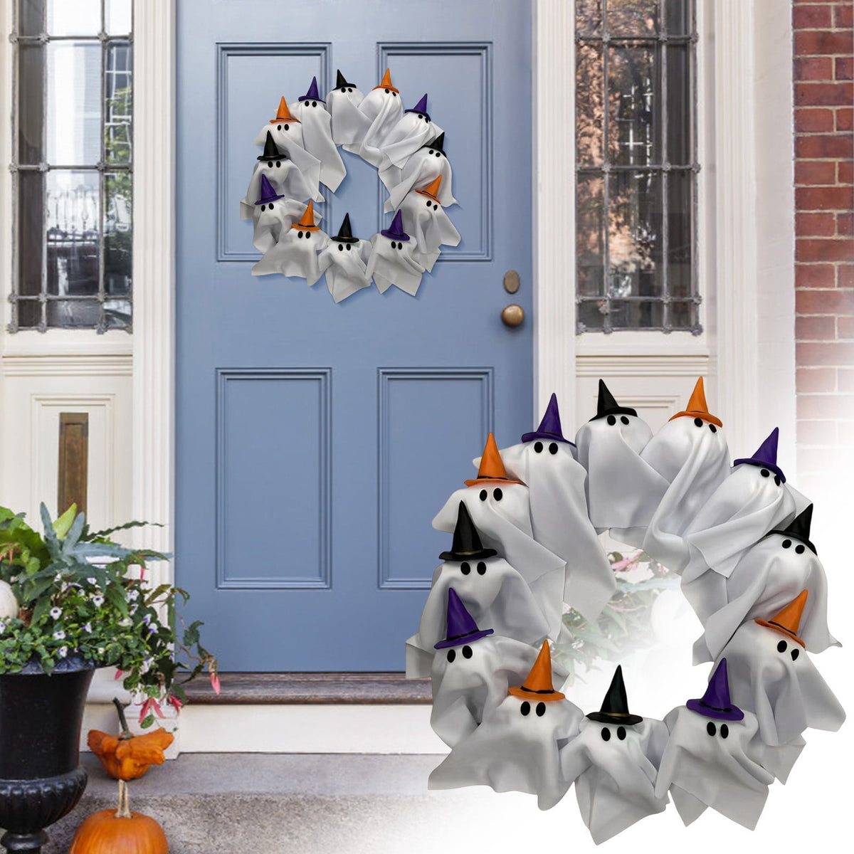 Light Up Ghost Wreath with Witch Hats, 15.7" Halloween Fabric Ghost Front Door Wreath, LED Glowing Spooky Ghost Hanging Wreath for Porch Wall Indoor Party Decorations