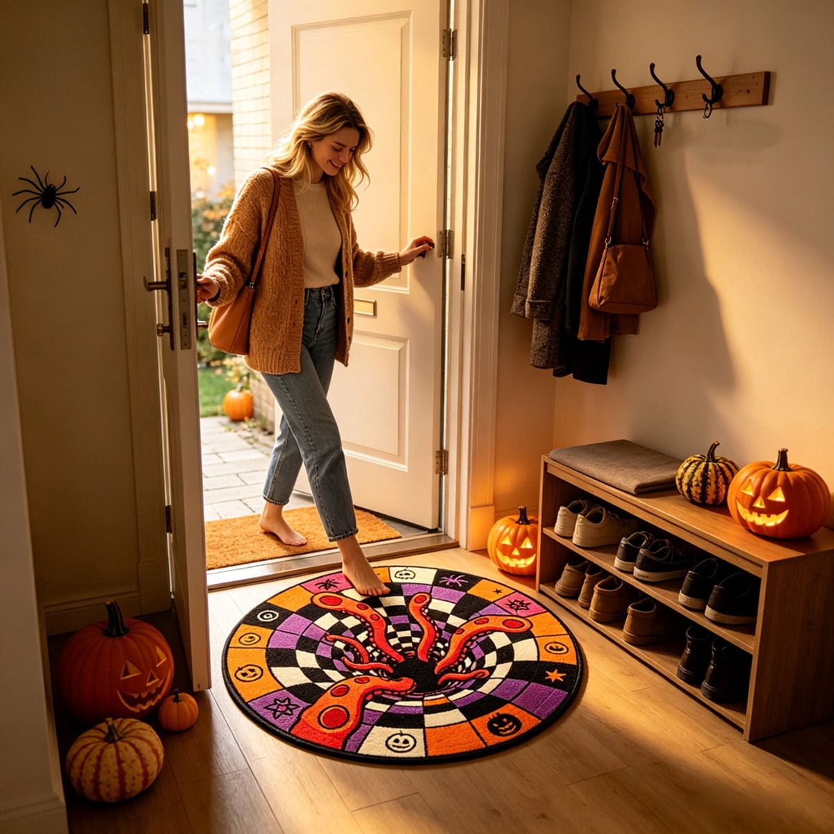 Win s Way 3D Illusion Round Halloween Rug Optical Illusion Doormat Non- Washable Entryway Decor Spooky Fall Front Door Mat for Party Decoration Available in 15.8/23.6/31.5 Inch