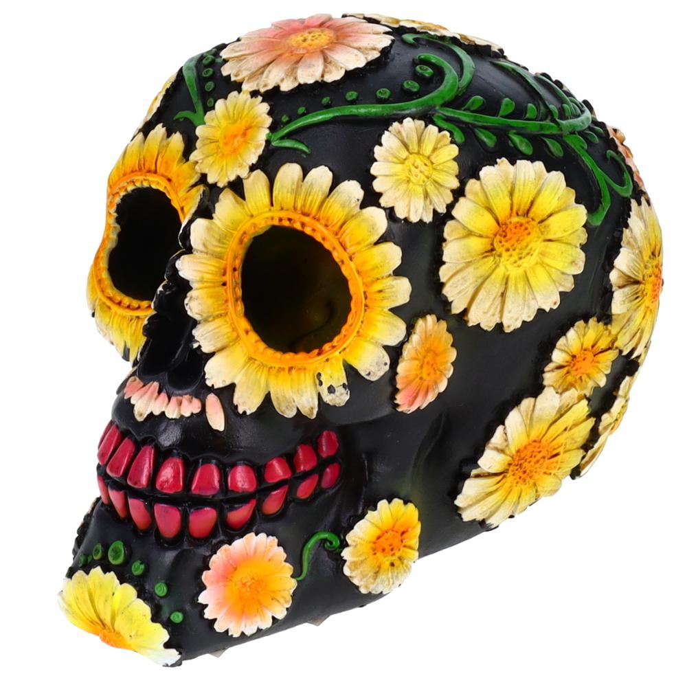 Resin Sugar Skull Black Day of the Dead Skull 2 P754754 - Sunflower Halloween Decoration Gothic DOD Skeleton Head Dia de los Muertos - Sunflowers