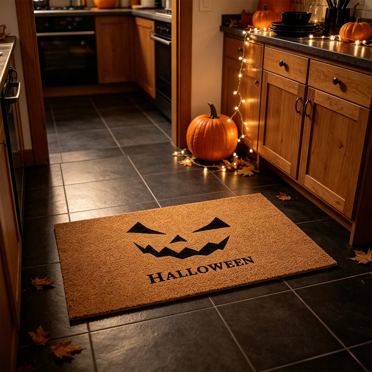 Cadancy Halloween Decoration Doormat Non Slip Coir Style Entrance Rug, Vintage Funny Pumpkin Skull Spider Pattern Front Door Mat, Outdoor Indoor Mud Scraper Porch Patio Home Decor