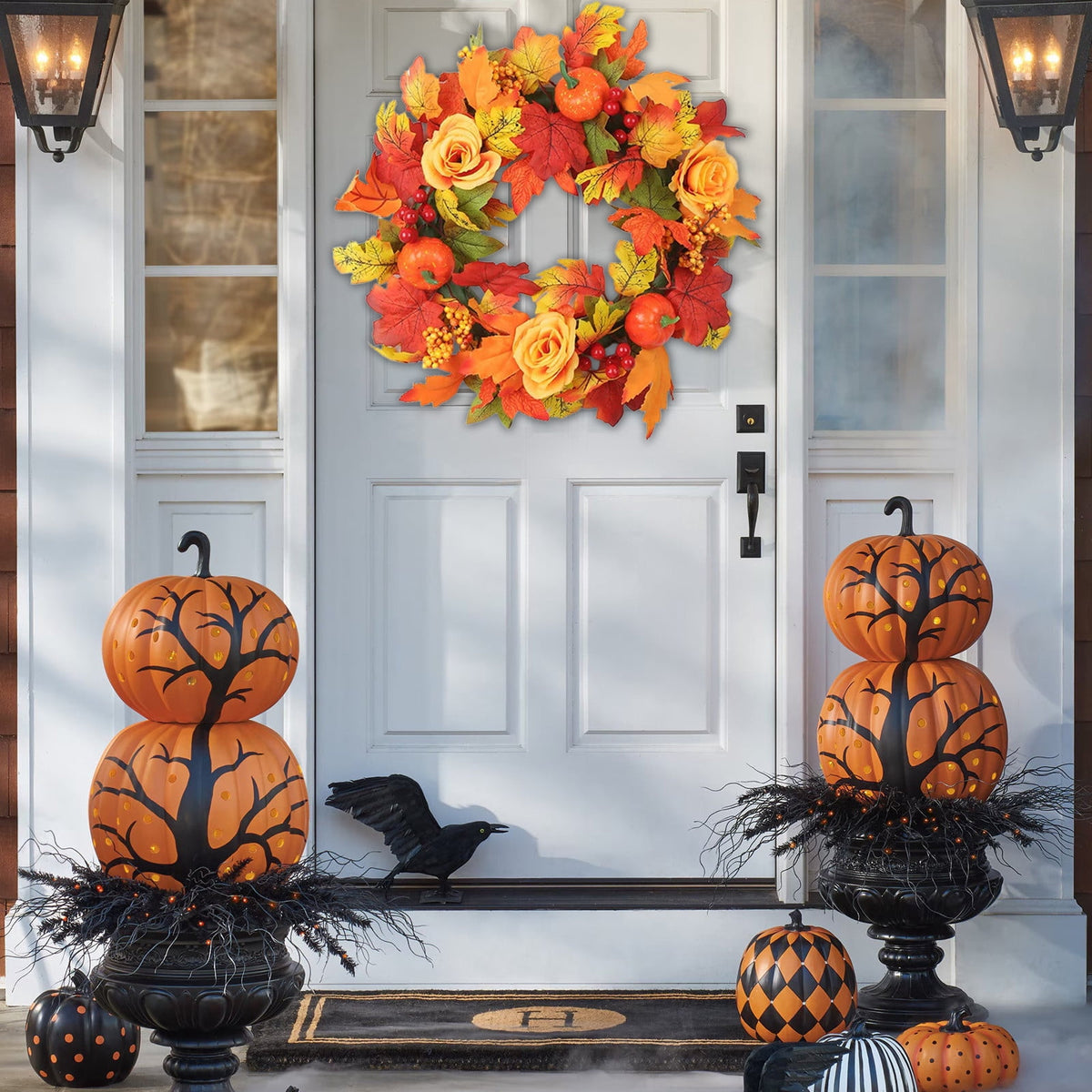 Halloween Wreaths for Front Door,Fall Wreath Thanksgiving Wreath,Harvest Wreath with Various Pumpkin Cluster of Berries Maple Leaves Pine Cones for Indoor Outdoor Wall Porch Patio Farmhouse