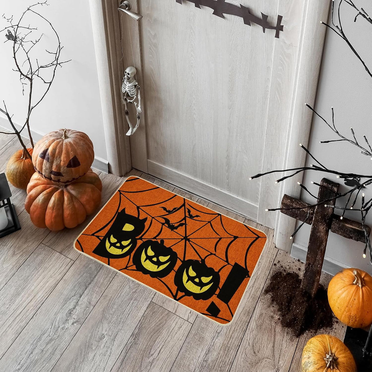 NIETEIN Halloween Door Mat Pumpkin Cat Gnomes Non-Slip Washable 31.5x19.7 Inch (Pumpkin Spider Web BOO)