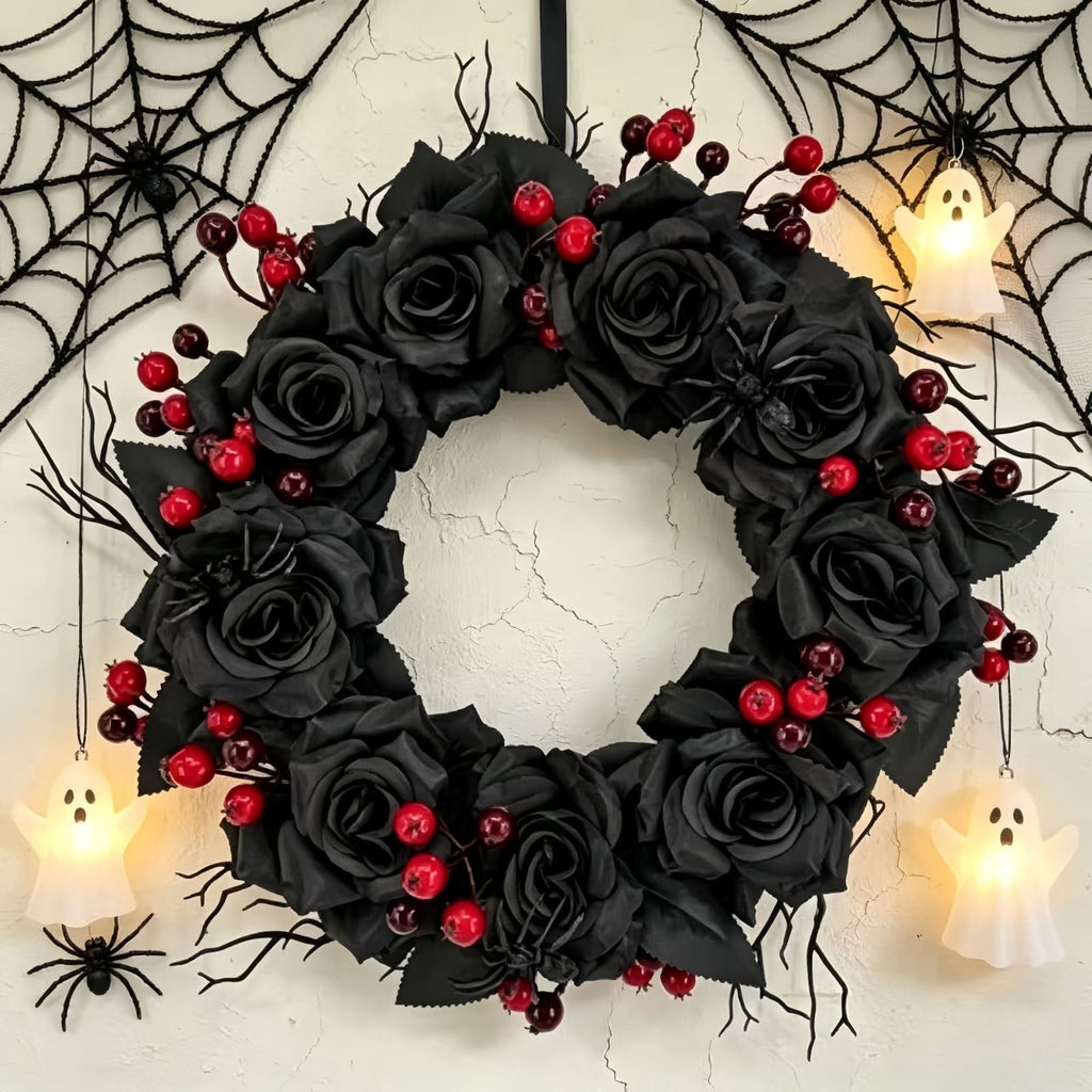 WWC Halloween Wreath, Artificial Silk Bats And Skulls Wreath, Gothic Halloween Decor for Fall Party Front Door Porch Mantel