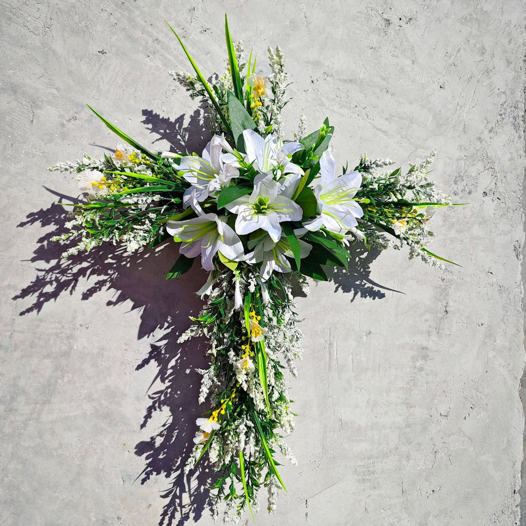 XEOVHV Easter Front Door Wreath Cross, 19.7 inch Easter Cross Wreath, Rustic Farmhouse Easter Decorations Sign Hanging Cross Wedding Floral Pastel Patio Summer Outside Decor