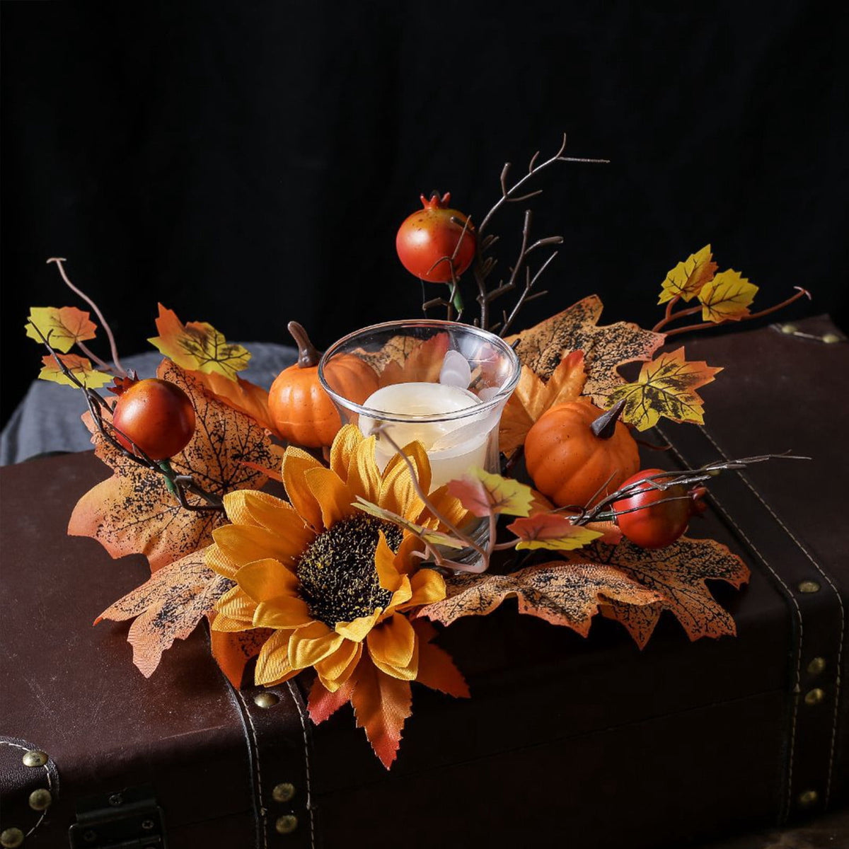 Pumpkins Candle Rings Wreaths Fall Candle Rings Maple Leaves Harvest Day Wreath Ring Holder Sunflower Pumpkin for Autumn Harvest Festival Farmhouse Halloween Table Decor