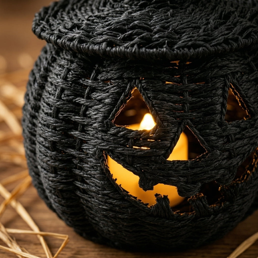 THOPBPRK 2026 Black Halloween Woven Pumpkin Jack-O'-Lantern, Halloween Decorations Pumpkin, USE LED Candle, Rattan Fall Halloween Decor for Home, 1Pack 11.8 Inch A