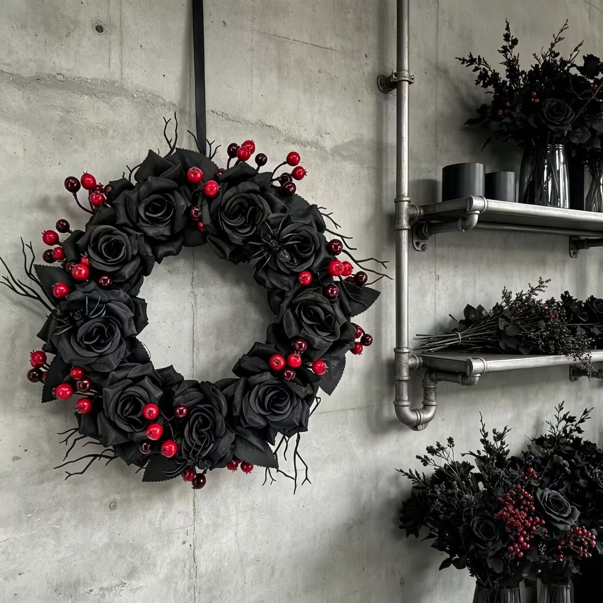 WWC Halloween Wreath, Artificial Silk Bats And Skulls Wreath, Gothic Halloween Decor for Fall Party Front Door Porch Mantel