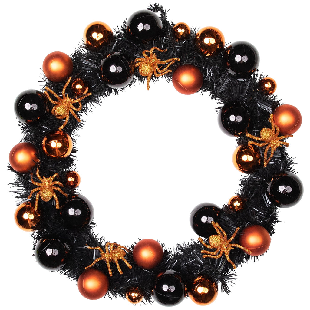 Northlight Spiders and Ornaments Small Tinsel Halloween Wreath - 18" - Orange and Black - Unlit