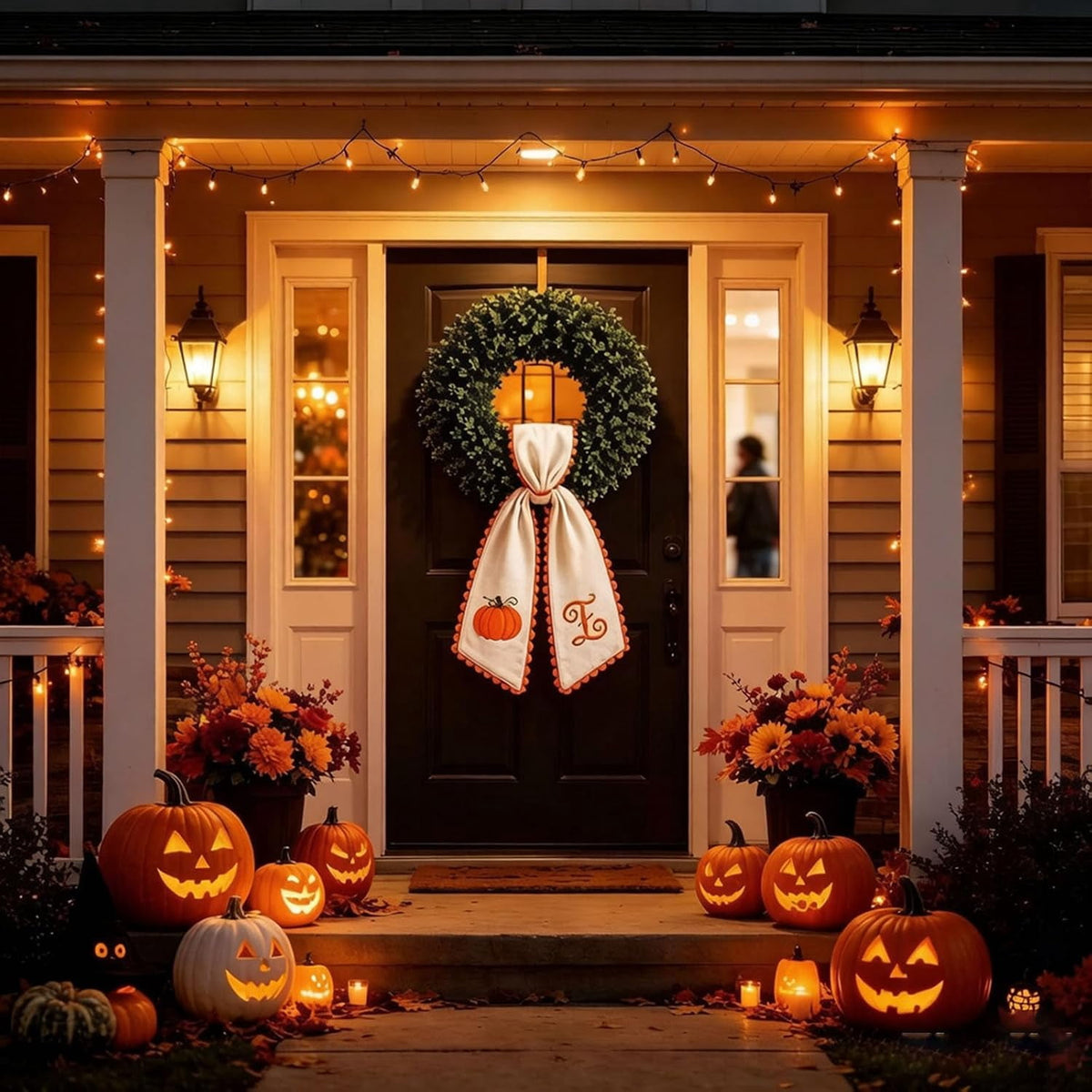 Halloween Pumpkin Wreath Sash Double-Sided Fall Door Ornament Thanksgiving Harvest Display 2-Pack