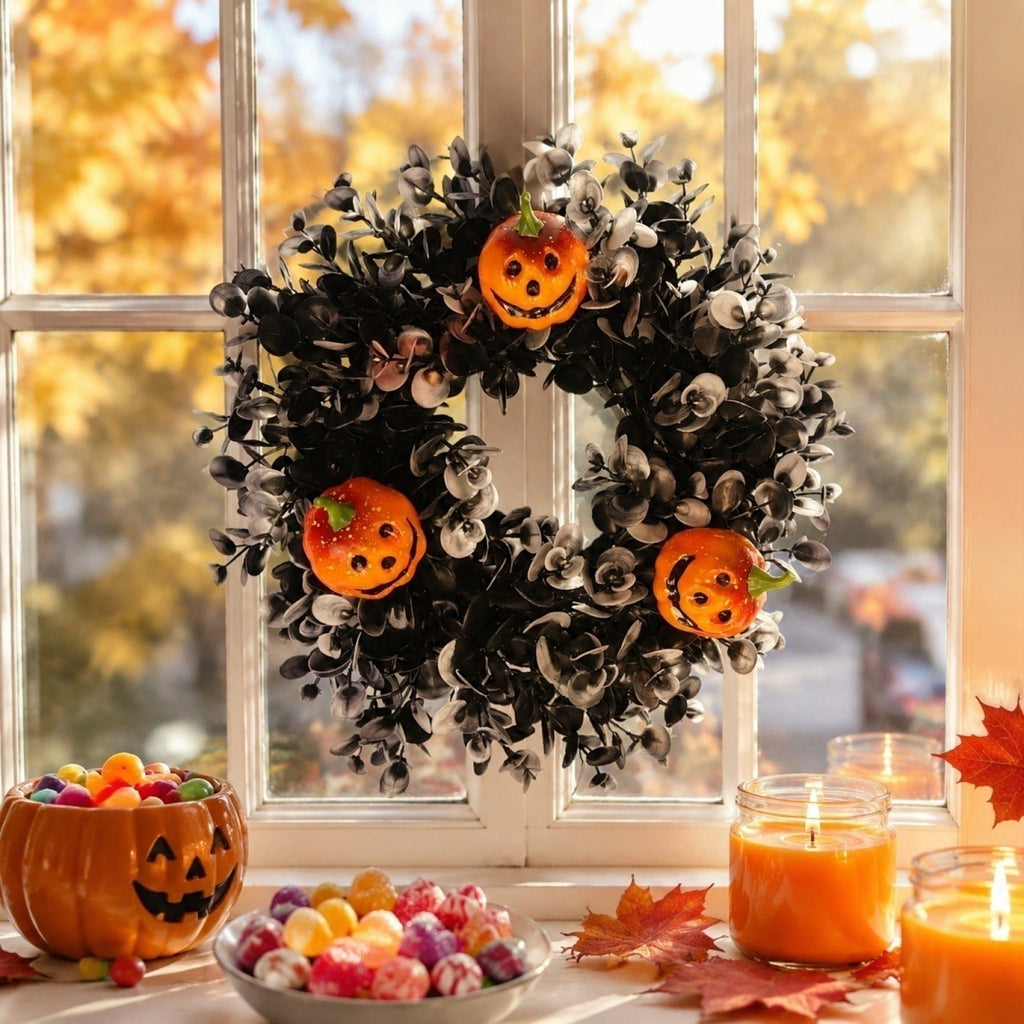 Hotyverty Halloween Wreath for Front Door, 13.77 Inch, Skull With Black Bow Wreath Halloween Decorations For Covered Outdoor Door & Farmhouse Gothic Home Ornament