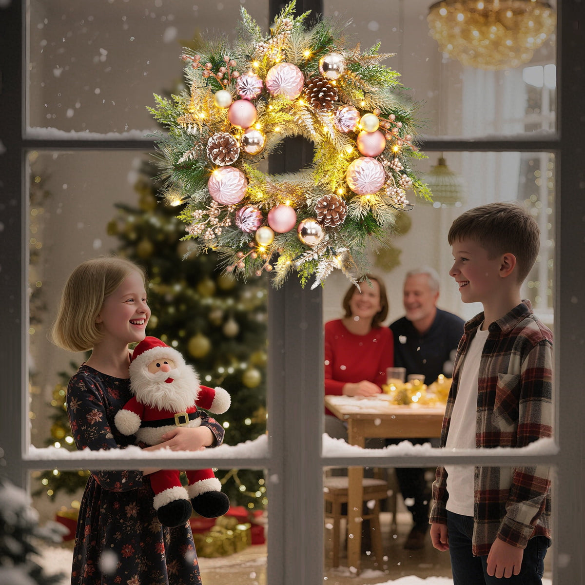 JoanKaren 24 inch Large Christmas Wreath Silver White with 20 LED Lights,Prelit Xmas Wreath w/ Ball Ornaments Pine Cone