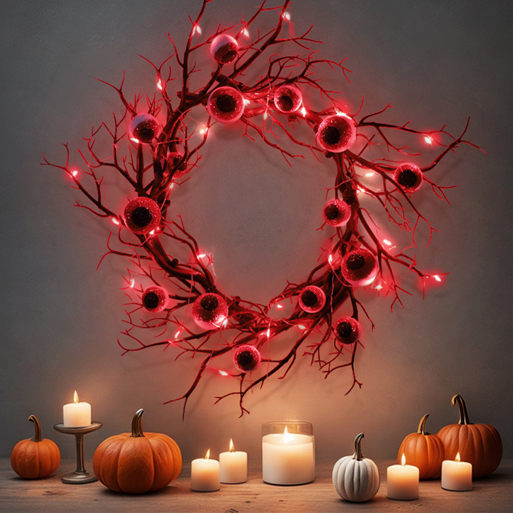 18 inch Halloween Wreaths for Front Door Simulated Eyeballs Wreath with Red Led Light, Outdoor/Indoor Spooky Decorations, For Halloween Party, Porch, Home Holiday Decor