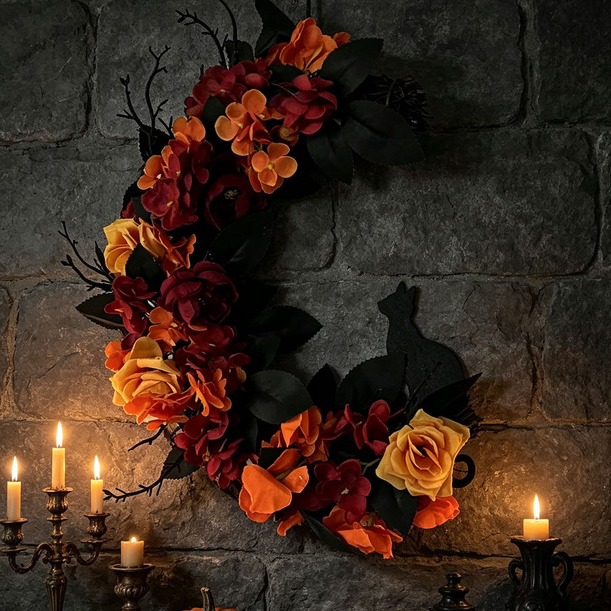 Gcvizuso Halloween Crescent Floral Wreath, Orange Red Rose Hydrangea Fall Front Door Decor for Autumn Harvest Celebration