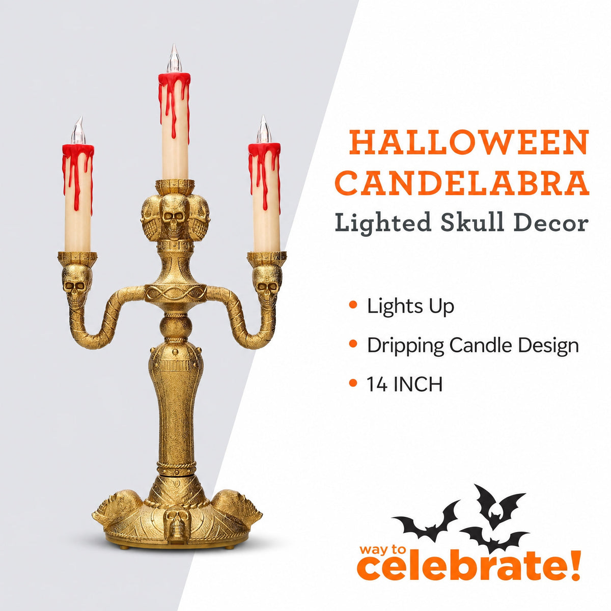 Light-Up Skull Candelabra Decoration, Gold, 13.8", Halloween by Way To Celebrate