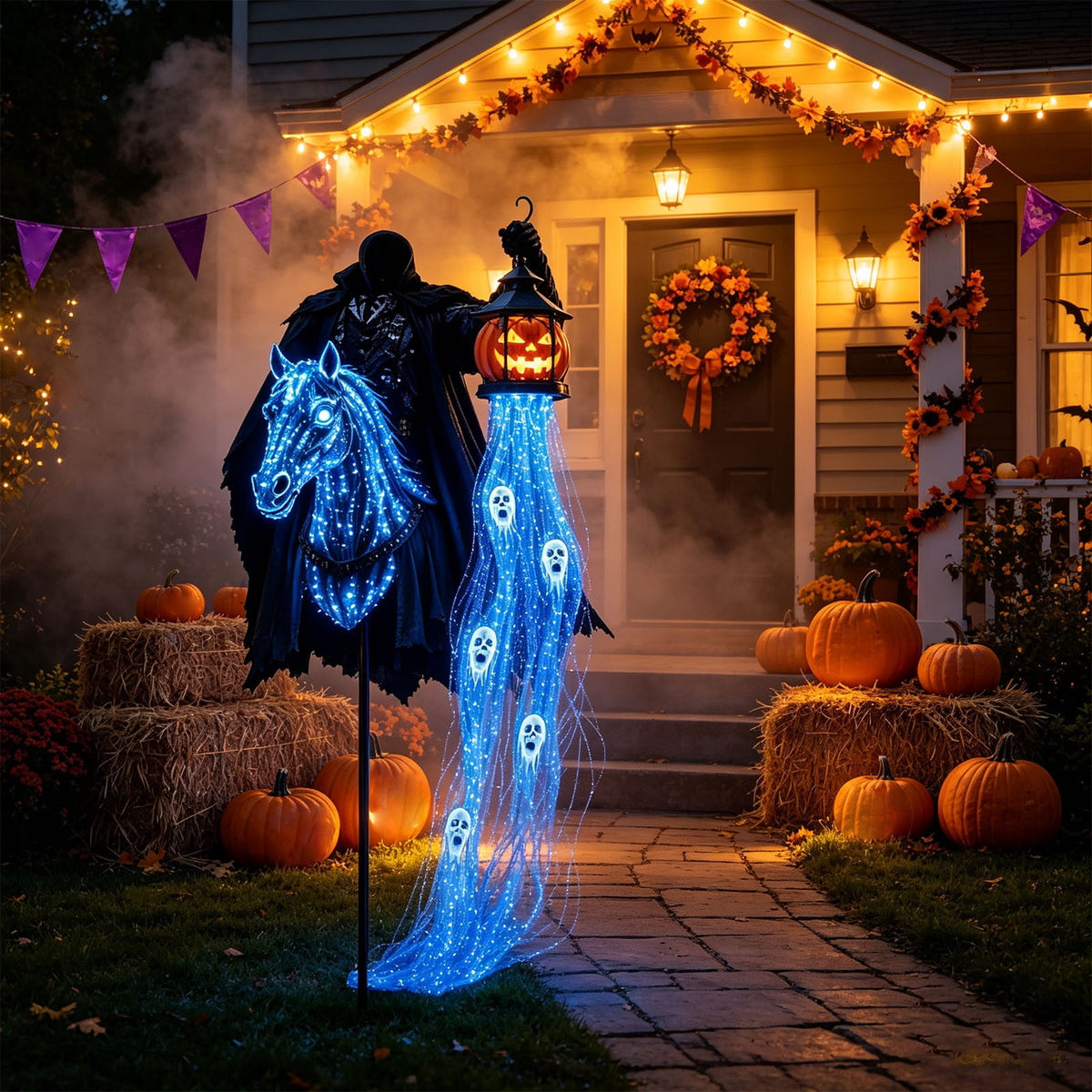 Solar Halloween Metal Moon Black Cat Garden Stake with LED Pumpkin Lantern, Light Up Star Bat Yard Decor Stake, Spooky Outdoor Lawn Pathway Halloween Decoration