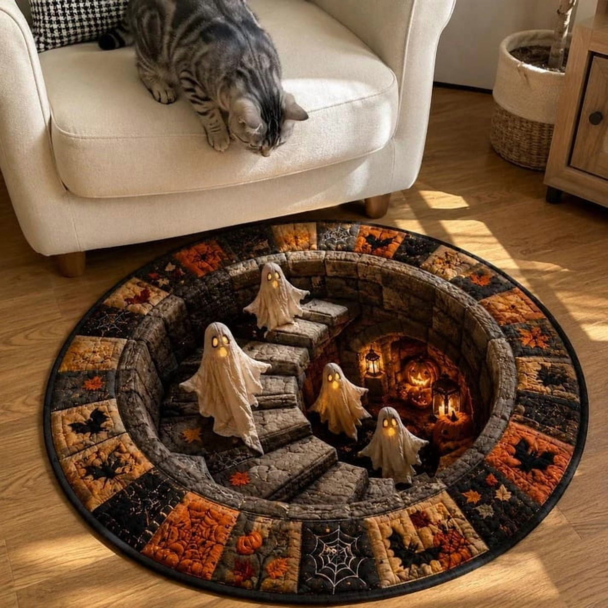 Halloween Staircase Optical Illusion Round Rug, Spooky 3D Floor Mat with Ghosts Pumpkins, Soft Non-Slip Carpet for Living Room Entryway – 4 Sizes
